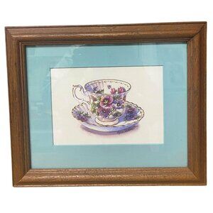 Vintage Erin Dertner Teacup Print Framed In Wood With Floral Design